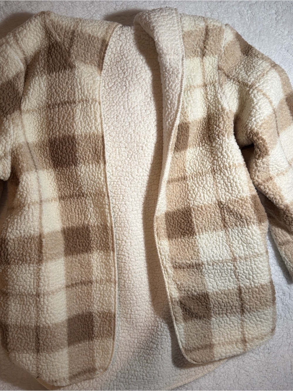 Source Unknown Cream and Brown Plaid Sherpa Jacket - Picture 2 of 6